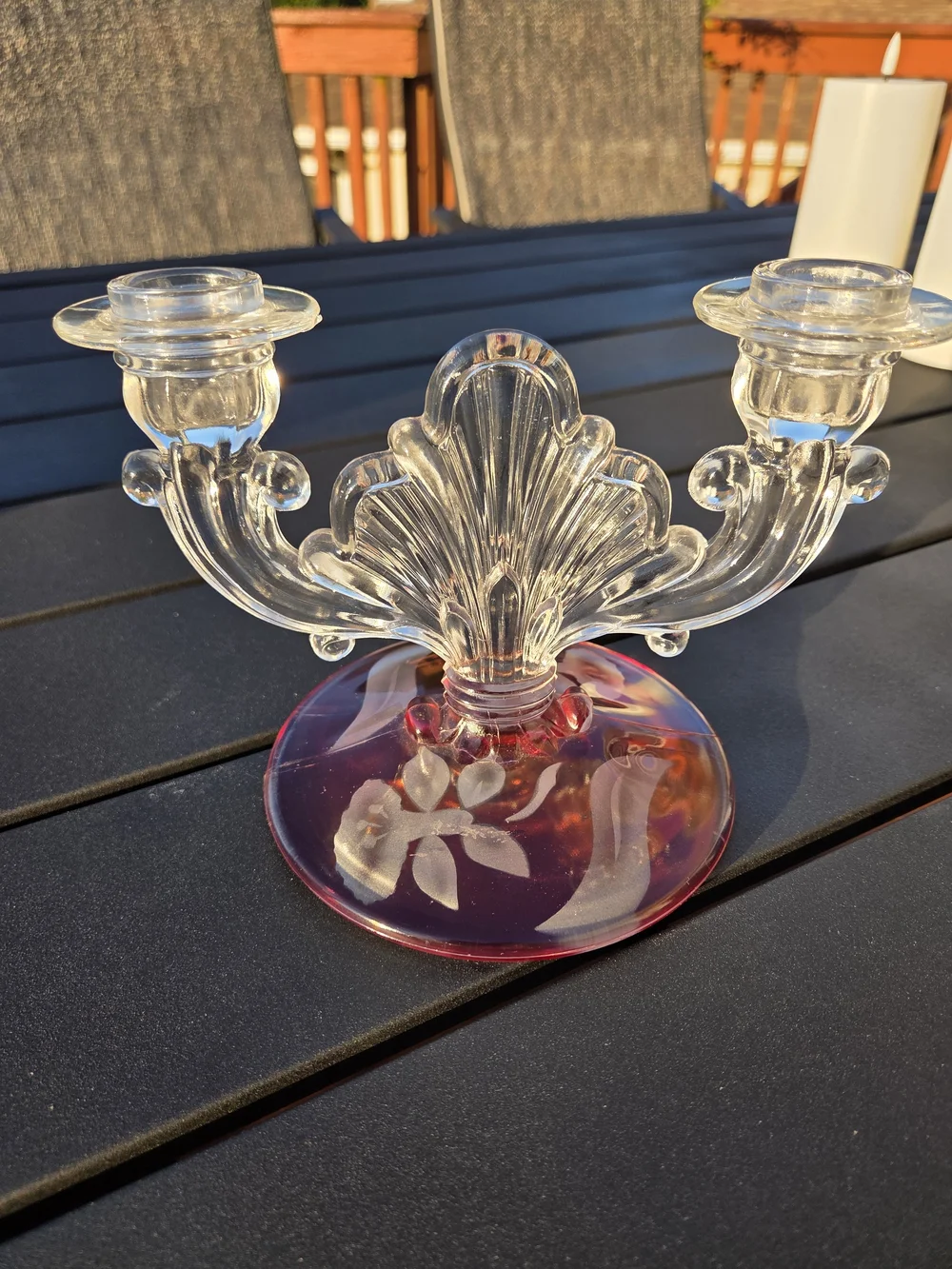 Indiana Glass 1940's Double Arm  Candlestick Holder - Cranberry Etched Base
